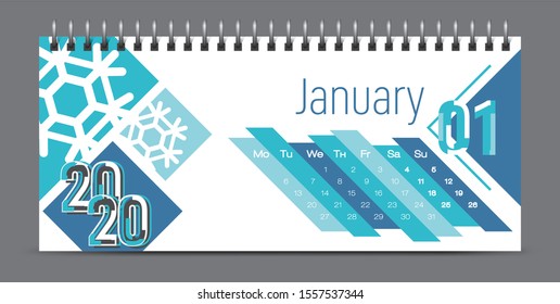 Blue 2020 calendar design, typography, illustration. January.