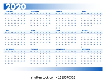 Blue 2020 English calendar. Vectorial illustration with blank space for your contents. All elements sorted and grouped in layers for easy edition. DIN-A4 or DIN- A3 printable landscape version