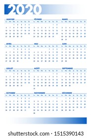 Blue 2020 French calendar. Vectorial illustration with blank space for your contents. All elements sorted and grouped in layers for easy edition. DIN-A4 or DIN- A3 printable portrait version