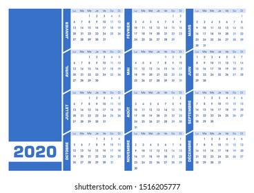 Blue 2020 French calendar. Vectorial illustration with blank space for your contents. All elements sorted and grouped in layers for easy edition. DIN-A4 or DIN- A3 printable landscape version