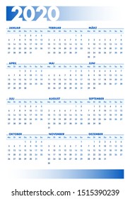 Blue 2020 German calendar. Vectorial illustration with blank space for your contents. All elements sorted and grouped in layers for easy edition. DIN-A4 or DIN- A3 printable portrait version
