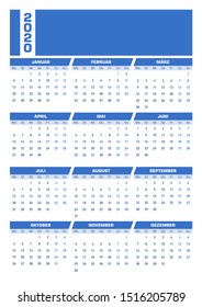 Blue 2020 German calendar. Vectorial illustration with blank space for your contents. All elements sorted and grouped in layers for easy edition. DIN-A4 or DIN- A3 printable portrait version