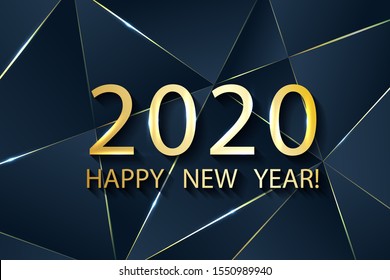 Blue 2020 Happy New Year card with premium polygonal gradient triangles and foil texture lines background. Festive rich design for holiday card, invitation, calendar poster. Happy 2020 New Year text.