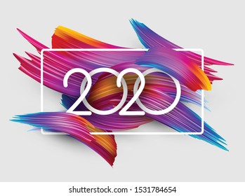 Blue 2020 new year background with frame and spectrum brush strokes. Colorful gradient brush design. Greeting card or poster template. Vector illustration.