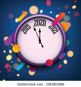 Blue 2020 new year background with round clock and abstract colorful pattern. Christmas greeting card template. Vector illustration.