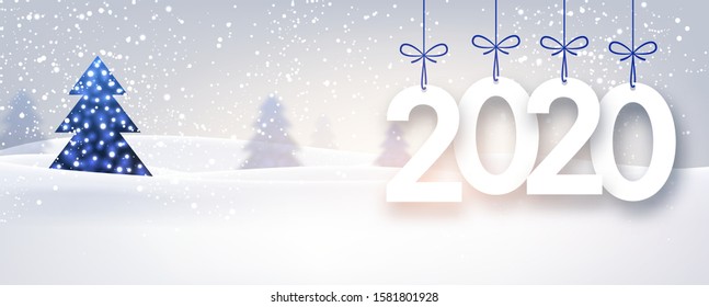 Blue 2020 New Year banner with beautiful winter landscape. Vector background.