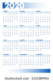Blue 2020 Spanish calendar. Vectorial illustration with blank space for your contents. All elements sorted and grouped in layers. DIN-A4 or DIN- A3 printable portrait version