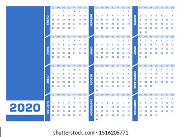 Blue 2020 Spanish calendar. Vectorial illustration with blank space for your contents. All elements sorted and grouped in layers. DIN-A4 or DIN- A3 printable landscape version