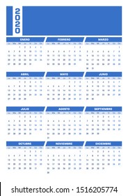 Blue 2020 Spanish calendar. Vectorial illustration with blank space for your contents. All elements sorted and grouped in layers. DIN-A4 or DIN- A3 printable portrait version