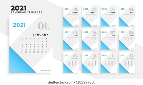 diseño azul del calendario 2021 con un estilo sencillo 