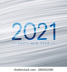 Blue 2021 Happy new year sign on light grey brush strokes background. Background looking like flowing silk with print. Vector holiday illustration.
