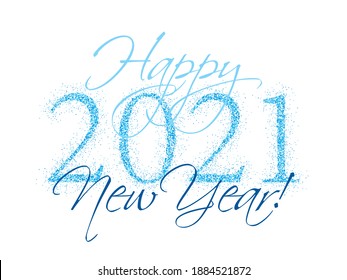 Blue 2021 Happy New Year card with confetti. 2021 holiday card, banner or party poster design with wishes of happiness in New Year night eve. Blue glitter confetti sparkles backdrop