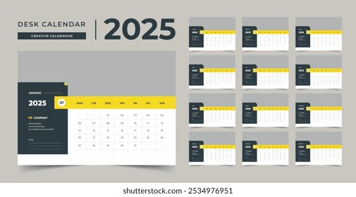 Plantilla de calendario de año nuevo azul 2025, calendario de escritorio, Vector de Plantilla, calendario de mesa 2025