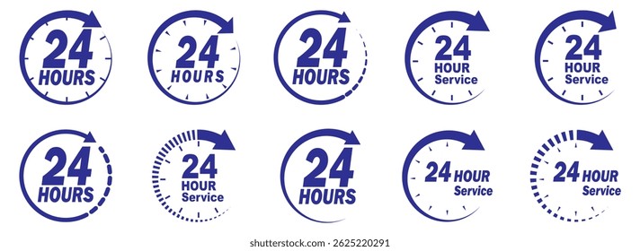 Blue 24 hour service icon vector set.  24 hours order execution or delivery service icon. Set of blue 24h service duration icon collection. Support 24 hours, Support service symbol. 24 hours icon. 