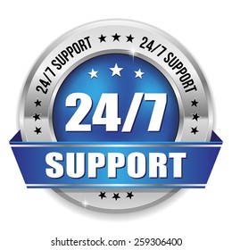 Blue 24/7 support badge with ribbon and silver border on white background