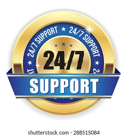 Blue 24/7 support badge with ribbon and gold border on white background