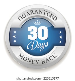 Blue 30 days money back badge with silver border on white background