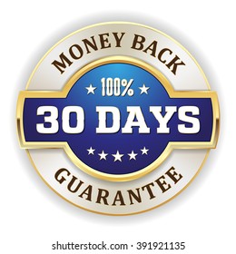 Blue 30 days money back badge with gold border on white background