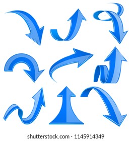 Blue 3d arrows. Bent and curled up icons. Vector illustration isolated on white background