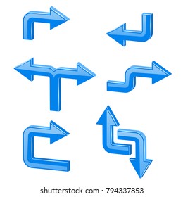 Blue 3d arrows. Different directions. Vector illustration isolated on white background