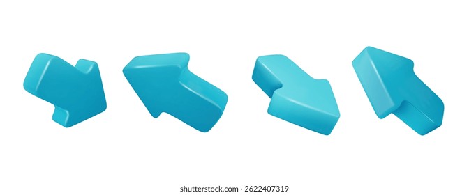 Blue 3d arrows pointing in different directions. Vector realistic arrow cursors set isolated.