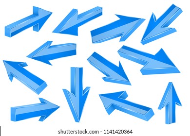 Blue 3d arrows. Set of shiny straight signs. Vector illustration isolated on white background