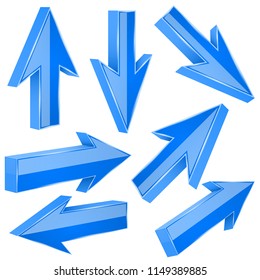 Blue 3d arrows. Set of shiny straight signs. Vector illustration isolated on white background