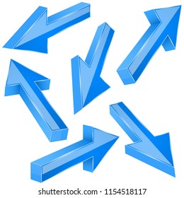 Blue 3d arrows. Set of shiny straight signs. Vector illustration isolated on white background