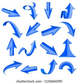 Blaue 3D-Pfeile. Gerade und gebogene Symbole. Vektorgrafik einzeln auf weißem Hintergrund