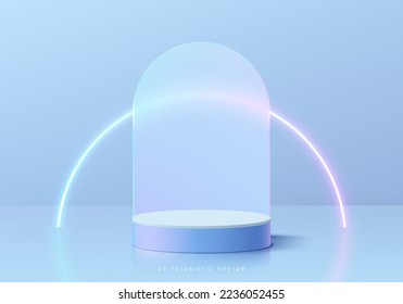 Blue 3D background with realistic cylinder pedestal podium, neon light and glass arch shape. Futuristic minimal wall scene mockup product display. Vector abstract geometric forms. Stage for showcase.
