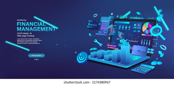 Blue 3D banner - Financial management, project development, business strategy, accounting, budget management concept, Via laptop app. 3D Vector. Data analysis, growth strategy and financial goal.