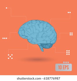 Blue 3D brain wireframe illustration for info graphic design on orange background