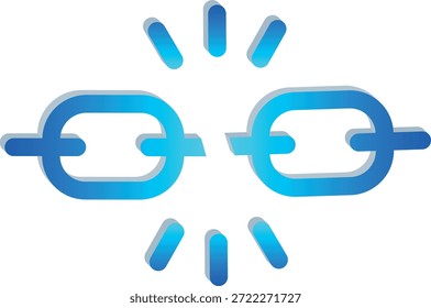 Um símbolo de cadeia quebrada em 3D azul representando liberdade, violação de segurança, independência, liberação de acesso ou conceitos de desbloqueio de sistema em um estilo tridimensional moderno.