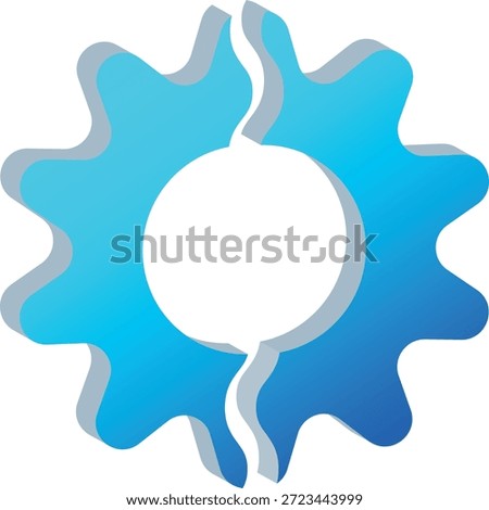 A blue 3D broken gear symbol representing management failure, system issues, operational problems, and workflow disruption concepts.