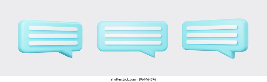 Blue 3d bubble talks set isolated on gray background. Glossy blue speech bubbles, dialogue, messenger shapes. 3D render vector icons for social media or website