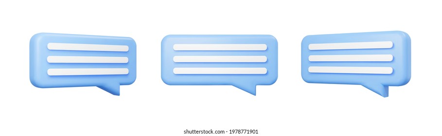 Blue 3d bubble talks set isolated on white background. Glossy blue speech bubbles, dialogue, messenger shapes. 3D render vector icons for social media or website