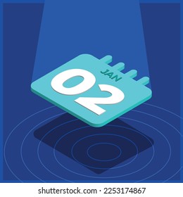 Blue 3D calendar floating with spotlight - January 2nd