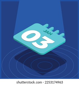 Calendario azul 3D flotando con foco - 3 de enero