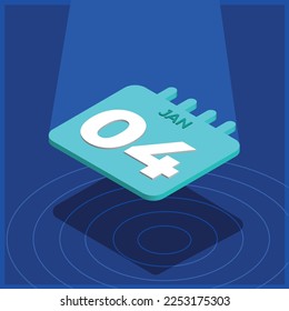 Blue 3D calendar floating with spotlight - January 4th