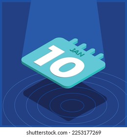 Blue 3D calendar floating with spotlight - January 10th