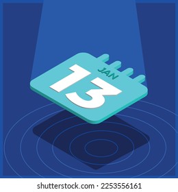 Blue 3D calendar floating with spotlight - January 13th