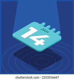Calendario azul 3D flotando con foco - 14 de enero