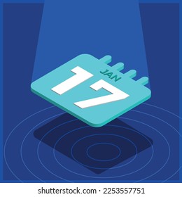 Calendario azul 3D flotando con foco - 17 de enero