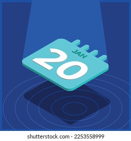 Blue 3D calendar floating with spotlight - January 20th