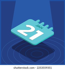 Blue 3D calendar floating with spotlight - January 21th