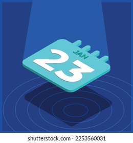 Calendario azul 3D flotando con foco - 23 de enero