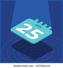 Blue 3D calendar floating with spotlight - January 25th