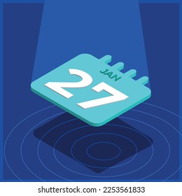 Blue 3D calendar floating with spotlight - January 27th