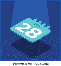 Blue 3D calendar floating with spotlight - January 28th