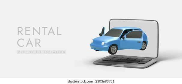 Blaues 3D-Auto mit offenen Türen. Auswahl des optimalen Mietwagens. Autovermietung Werbung, Webdesign. Vermietung von Personenkraftwagen. Detaillierte Informationen über das Auto